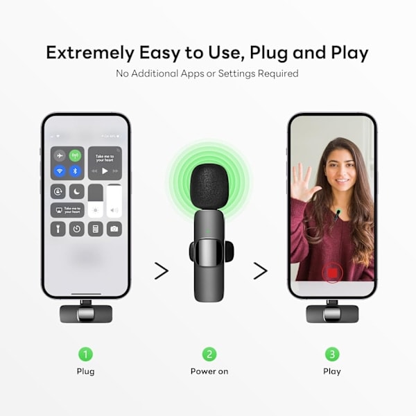 /Ryi/ Trådlös Lavalier Mikrofon för iPhone, iPad, Plug and Play Mikrofon för Inspelning, Livestreaming, Ingen App Krävs, Kolsvart