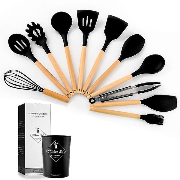 Kitchen Cooking Utensils Set 11pcs Non-stick Silicone Cooking Kitchen Utensils Spatula Set With HolderBlack