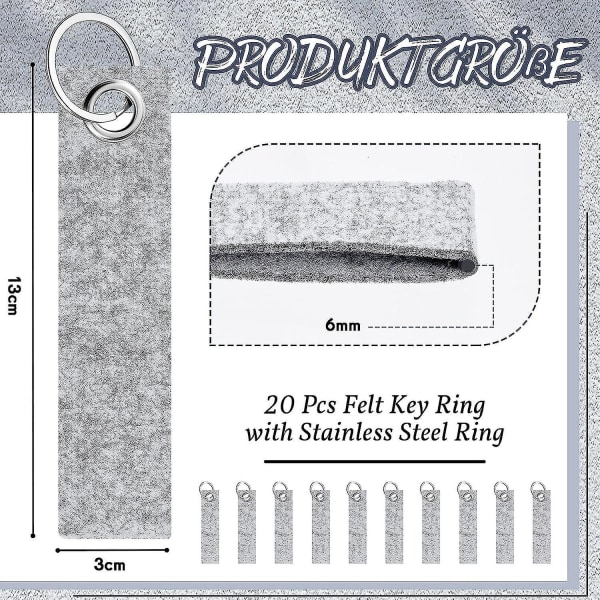 20 stk. Filt Nøgleringe Med Rustfrit Stål Ring Til DIY Dekoration Håndværk Nøglering, Til At Lave Dine Egne Nøgleringe Blank 13x3 Cm Lys Grå Light Gray