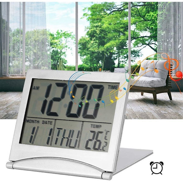 Digital vækkeur, bærbar, foldbar, temperatur, kalender, snooze, LED-display, med læderbetræk (1 stk., sølv)