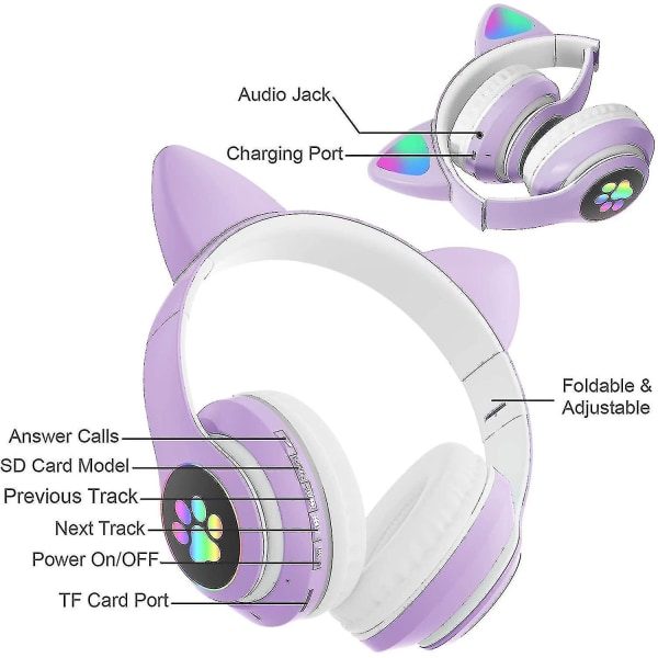 Foldbare Over-Ear Katteører Bluetooth Trådløse Hovedtelefoner Med Mic, Justerbar Stereopurpur