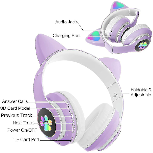 Vikbara Över-öron Kattöron Bluetooth Trådlösa Hörlurar Med Mikrofon, Justerbar Stereopurpur