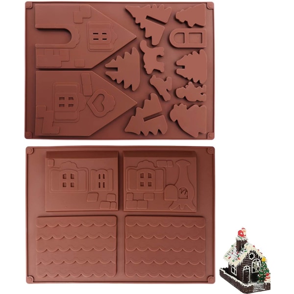 2pcs Silicone Christmas Cake Cookie Mold Christmas House Silicone Mold Christmas 3d Chocolate Cake Gingerbread Mold Silicone House Diy Cookies Baking