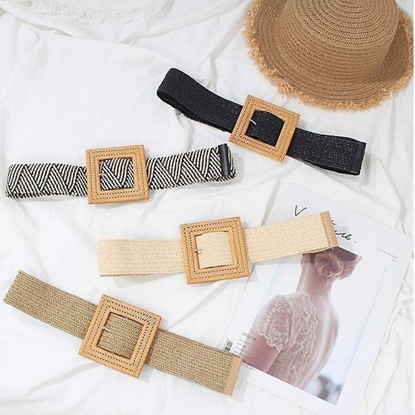 Dam Skinny Klänning Bälte, Mode Halm Vävd Elastisk Stretch Midjeband Trä Spänne Bälte$mode Halm Vävd Elastisk Bälte Skinny Klänning Bälten FörSand Sand