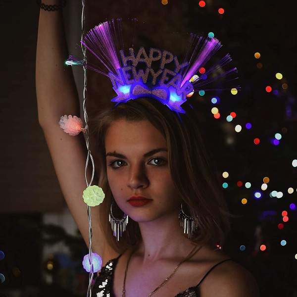 Gott Nytt År Hårband LED Fiber Optisk Hårband Tiara Hårband Nyår Huvudbonad För Nyårsafton Fest Favoriter Tillbehör (4st, Slumpmässig C