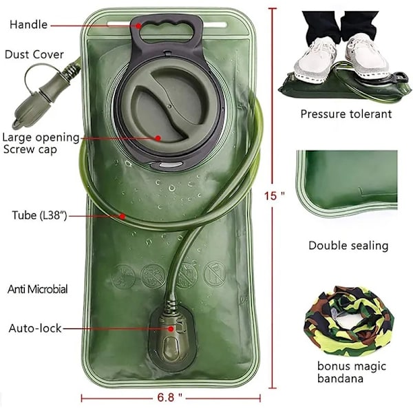Vattenblåsa 2 Liter Läcksäker Vattenbehållare, Militär Vattenförvaringsblåsa, BPA-Fri Hydration Pack Ersättning, för