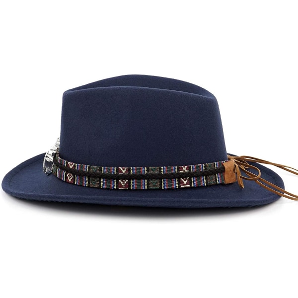 Unisex knusbar cowboyhat Western Cowgirl Outback-hat Cattleman Fedora med flettet bånd og Bull SkullBlue Blue