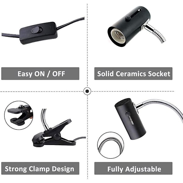 E27 Fatning Med Klemme Og Afbryder Til Reptillampe, 360 Justerbar Med Fleksibel Arm Og 1,8m Kabel, Klips-På Fatning Til Varmelampe/Akvarium/UVA/UVB Til T