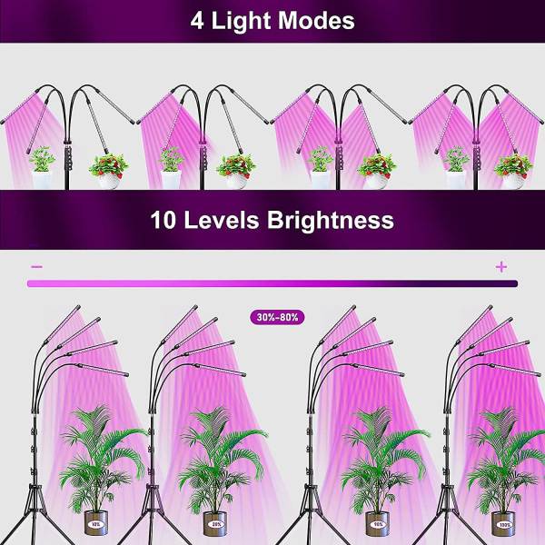 Plantelampe, Vekstlampe Med Stativ, 80 LEDer Plante Hortikultur Lampe Blomstring 4 Hoder Fullspektrum Vekstlampe, Med 10 Dimmbare Nivåer 3 Timer Moduser