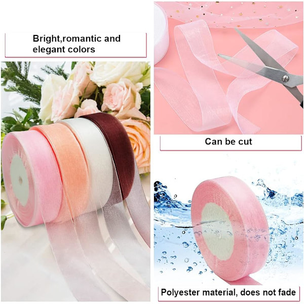 4 Rullar Transparent Chiffon Satinband Presentband, Lämplig för Alla Hjärtans Dag, Jul och Födelsedagsbukett Dekoration (4 Stycken Blandade Färger)