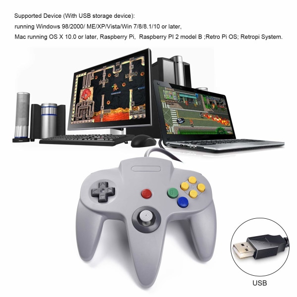 2-pack USB-trådbunden N64-kontroll, suily Klassisk N64 PC-spelkontroll Joystick för PC MAC Pi 3 (Svart/Grå)