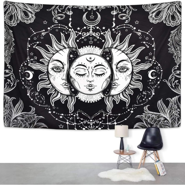 Sol og Måne Vægtæppe, Sort og Hvid Vægtæpper Mystisk Brændende Sol med Stjerne Væghængende Dekoration til Soveværelse (150 cm B x 130 cm L)
