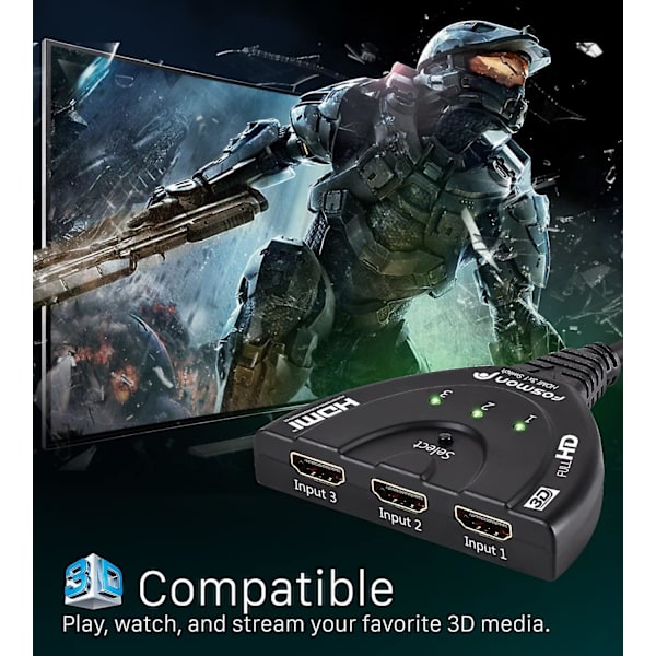 3-port HDMI-kytkin Full HD 1080p:lla ja kierteisellä kaapelilla