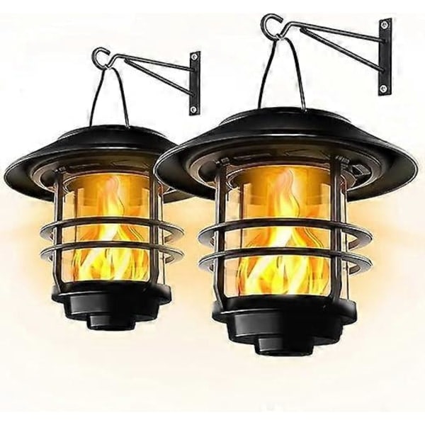 RY-Solarlampor Utomhus Trädgård, Glas och Metall IP65 Vattentät, Flimrande Lågor Vägglyktor, 2-pack Hängande Väggmontering för Uteplats, P