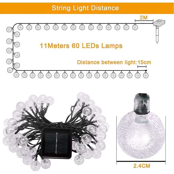 Auting Led String Lights Utomhus Balkong Kristallkulor Varmvita 60 Lysdioder 11m 8 Lägen Utomhus/inomhusbelysning för trädgård, träd, uteplats, jul, par