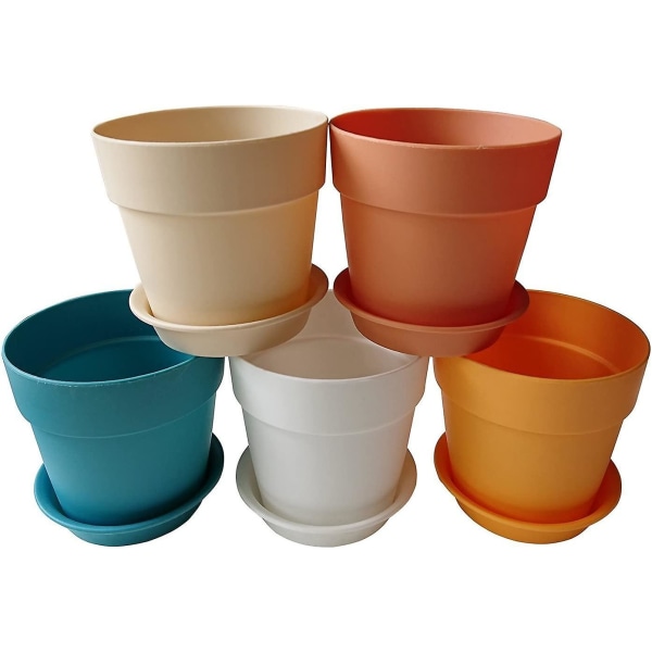 5 stk Farverige Mini Resin Plastik Plantepotter Med Underkopper, Hjemmehave Blomsterpotte, Øverste Diameter 9,5 cm, Højde 9 cm, Nederste Diameter 6,5 cm