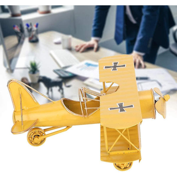 Vintage-lentokoneen malli, Mini metalli kaksikoneen lentokoneen mallilelut kodin sisustukseen koristeeksi valokuva-rekvisiitaksi työpöydän koristeeksi (keltainen)