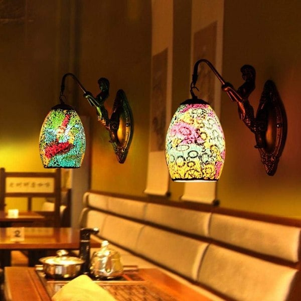 Mosaik Væglampe Tyrkisk Håndlavet Farvet Glas Marokkansk Lampe Retro Loft Boligindretning Køkken Bar Café Havfruelampe (Eksklusive lyskilde)