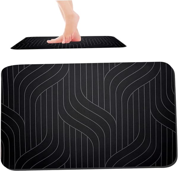 Diatoméjord Bademåtte, Superabsorberende Hurtigtørrende Skridsikker Badeværelsesgulvmåtte med Gummiunderlag til Bruser Køkken, 40x60 cm Sort