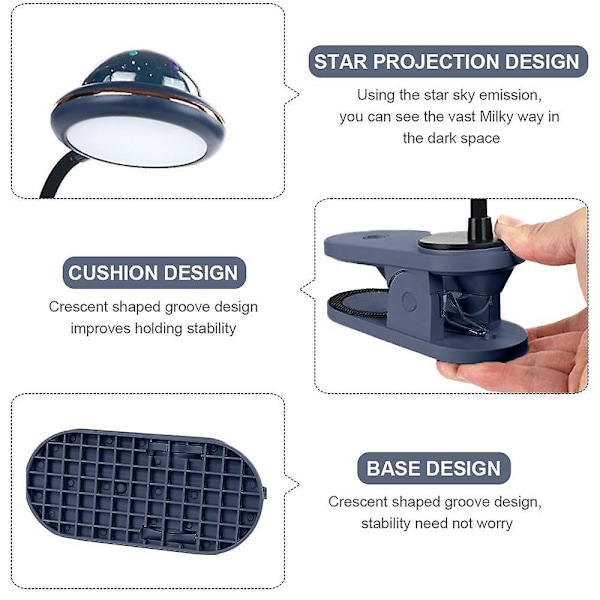 USB Genopladelig LED Klemmelampe Læselampe Med Stjerneprojektion, Stjerne Klip Natlys, Projektorlys, 360 Gåsehalssenglampe Berøringsdæmpning Blå Blue