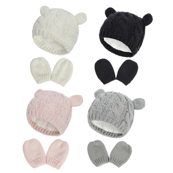Babyhatt och Vantar, Baby Flicka Pojke Hatt Vantar Set Vinter Stickade Hattar Baby Nyfödda Hattar för Baby 0-2 Månader (L; Svart)