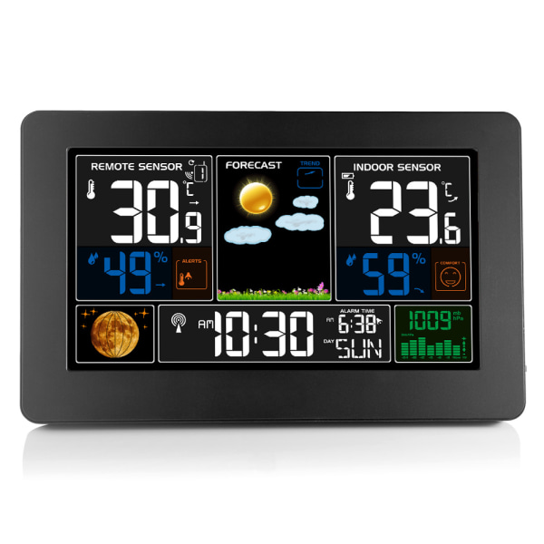 Værstasjon Innendørs utendørs termometer Trådløs fargeskjerm Digital temperaturfuktighetsmåler, værtermometer prognosestasjon