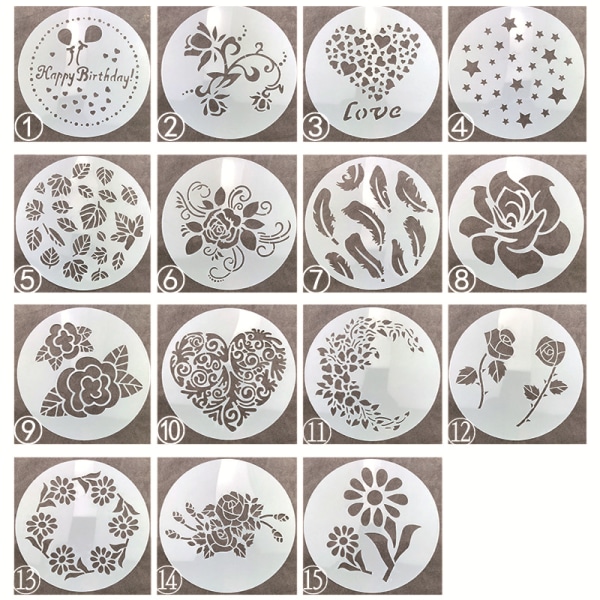 15 Pakk Kake Stencilmaler Dekorasjon, Gjenbrukbare Kake Cookies Baking Maling Journal Mold Verktøy, Dessert, Kaffe Dekorering Blad Butterfly Flo