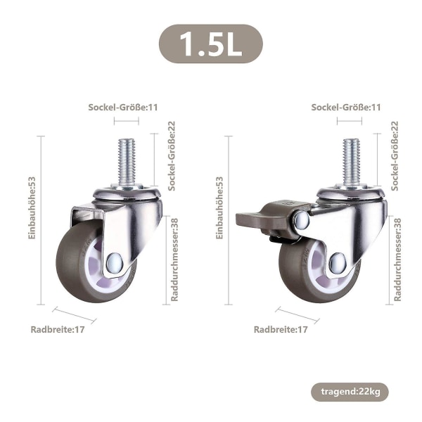 M8 Gevinde Stang Gummi Hårdt Svingbart Hjul Til Håndvogn, Arbejdsborde, Møbler, 1,5 Tommer, Gevinde Diameter: 8mm, Længde 20mm, 2 stk