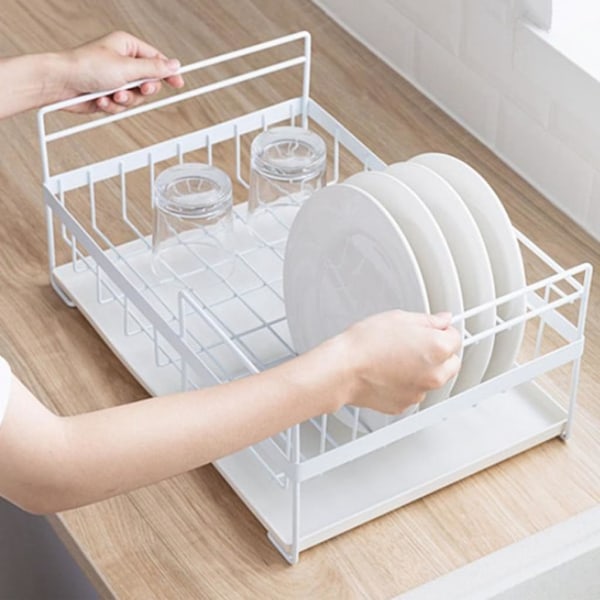 Rustfast tallerkenstativ, opvaskestativ, opvaskemaskinestativ til tallerkener, tallerkener, bestik med drypbakke, rustfrit stål, 44,4 x 33,8 x 19,4 cm -Hvid White