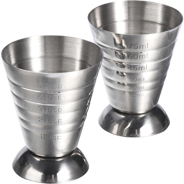 2 kpl Ruostumattomasta Teräksestä Valmistettuja Cocktail-Mittakuppeja, 2,5 fl oz - Mittakupit Baaritarvikkeisiin - (2,5 fl oz / 5 rkl / 75 ml)