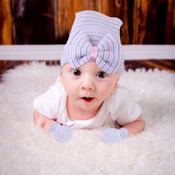 Barnkläder höst och vinter baby randig rosettformad hatt 4 st (Blå+vit+rosa+randig)