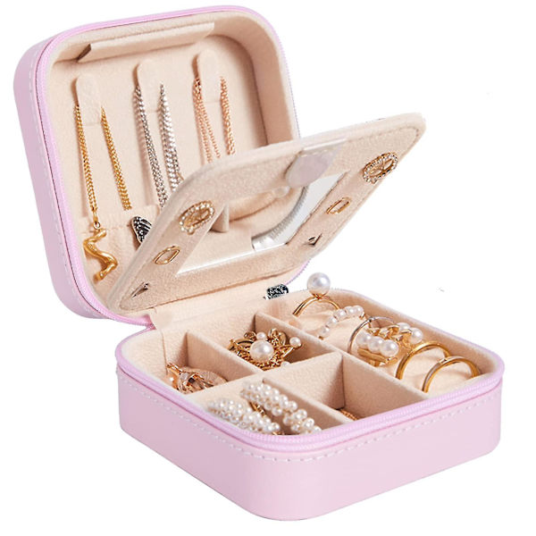 Mini Portabel Smyckeskrin Organizer, Rese Smyckeskrin, Läder Dubbla Lager Smyckeskrin Med Spegel, Ringar Örhängen