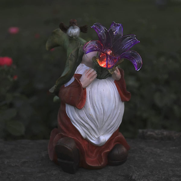 Hagegnom Statue - Resin Gnomen Figurer som Spiller Blomster - Liten med Solcelle-LED Lys, Utendørs Vårhageplen Dekorasjon, Dekorasjoner