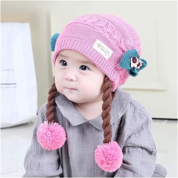 Nyfødt Baby Kasketter Søde Små Kasketter Efterår Vinter Forår Baby Piger Kasket Varmt Strikket Uld Hat til 6-18 Måneder Børn Baby (Pink Læder)