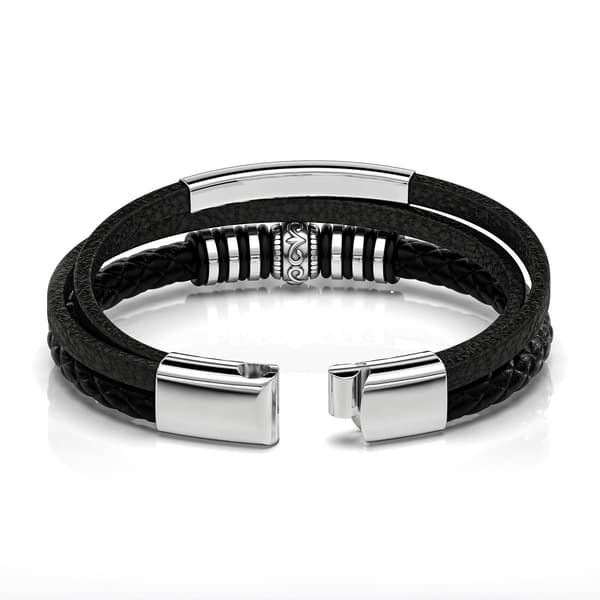 Malinsi læderarmbånd til mænd, sort flettet læder med rustfri stål accenter, 20cm + 2cm forlænger, gave til ham