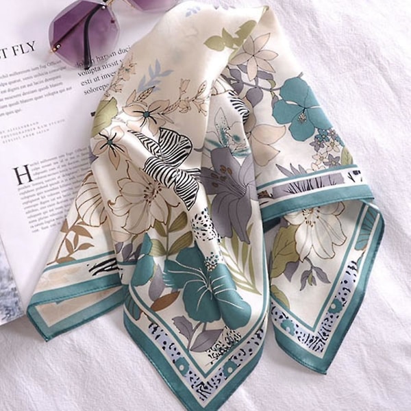 Silk Feel tørklæde Medium Size Square Satin tørklæde til damer, lille blomstergrøn small floral green