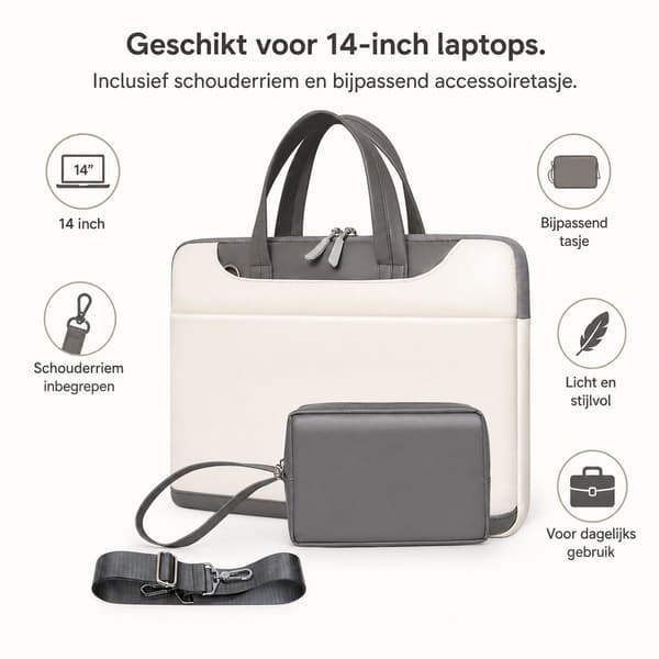 14 tommer laptoptaske med stødabsorberende foring, tilbehørspung og justerbar skulderrem til arbejde, skole, rejser, grå