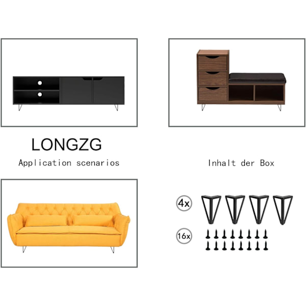 Set med 4 svarta metallbordben - Utbytbara möbelben - för soffbord/TV/soffa/säng och andra möbelben - med skruvar. (15 cm)