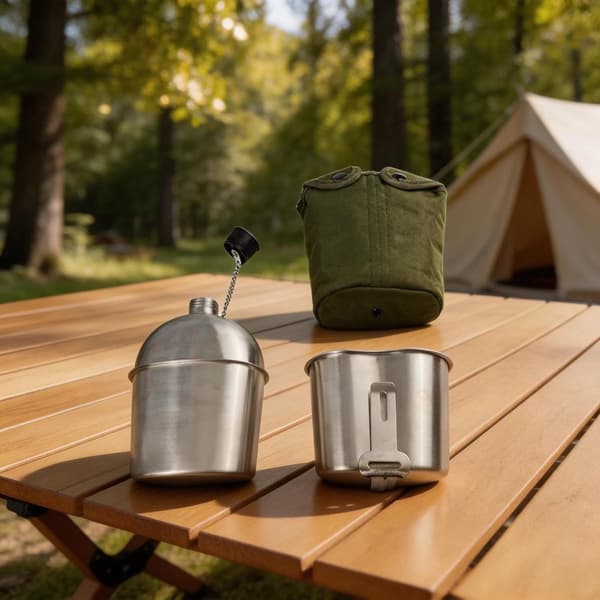 Vattenflaska i rostfritt stål för camping med kopp och bärpåse i nylon, säker vattenflaska för öppen eld för vandring, backpacking och överlevnad