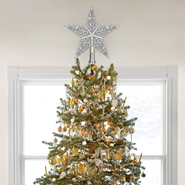 Star Christmas Tree Topper Udhulet sølv juletræ Top Xmas Tree Topper Ornamenter til sommerhuskontor Indretning af indkøbscenter (2 stk, sølv)