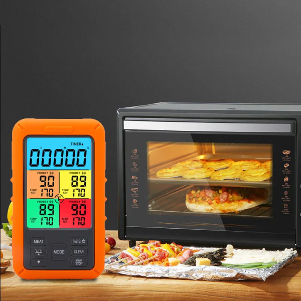 Digitalt kjøkkentermometer, steketermometer med 4 prober, BBQ-termometer med LCD-skjerm med øyeblikkelig lesing, temperatursonde, fargeskjerm
