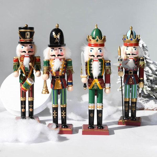 4*Håndmalet 30CM Nøddeknækker Dukke Soldat Konge Træ Nøddeknækker Mand Julepynt