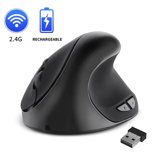 Trådløs Mus, Oppladbar 2.4G USB Vertikal Ergonomisk Mus med 6 Knapper 3 Justerbare DPI 800/1200/1600 Nivåer for Datamaskin, L