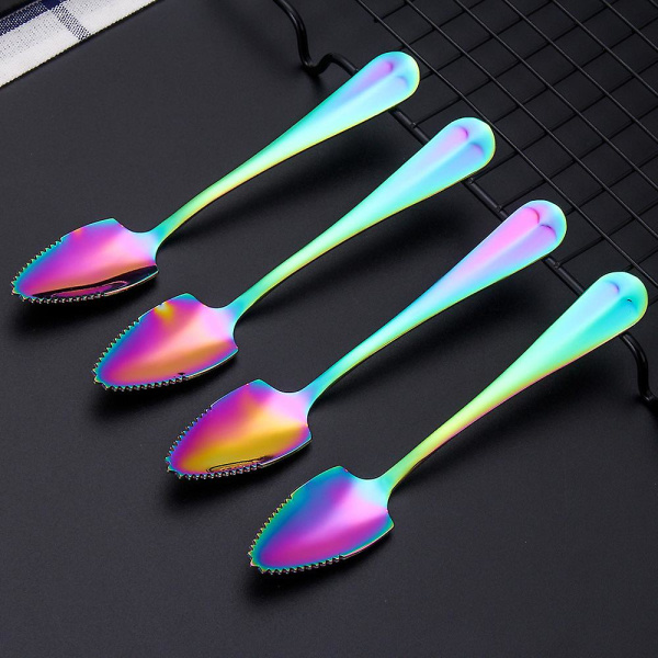 Stainless Steel Grapefruit Spoons For Citrus Fruit, Rainbow Magic Mirror Finish Serrated Grapefruit Spoons, Watermelon Dessert Spoon Set Of 4