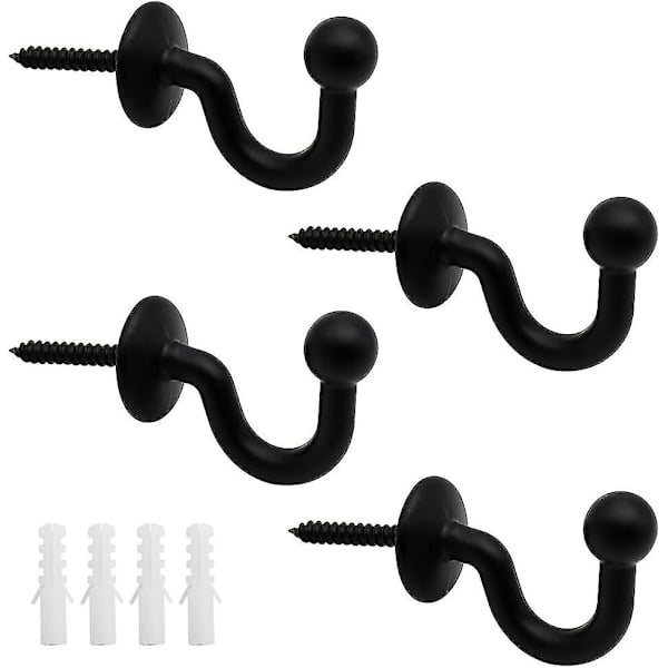 Set med 4 Gardinkrokar 64mm Svart Metall Tiebacks Väggmonterade Gardin Hållare U-Design Gardin Tieback Multifunktionell För Att Samla Gardiner Och Han