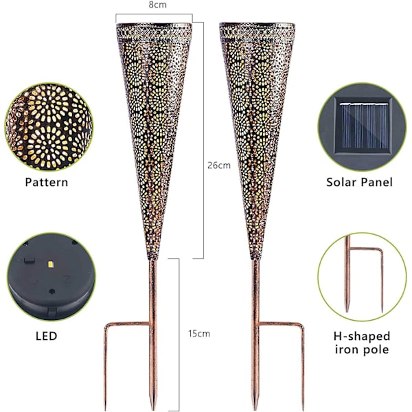 Solcellelamper for utendørs hage, LED-utendørs IP44 vanntett dekorasjonslys, solcellelamper for stier, innkjørsler, terrasser, plener, uteplasser, hager (2 stk)