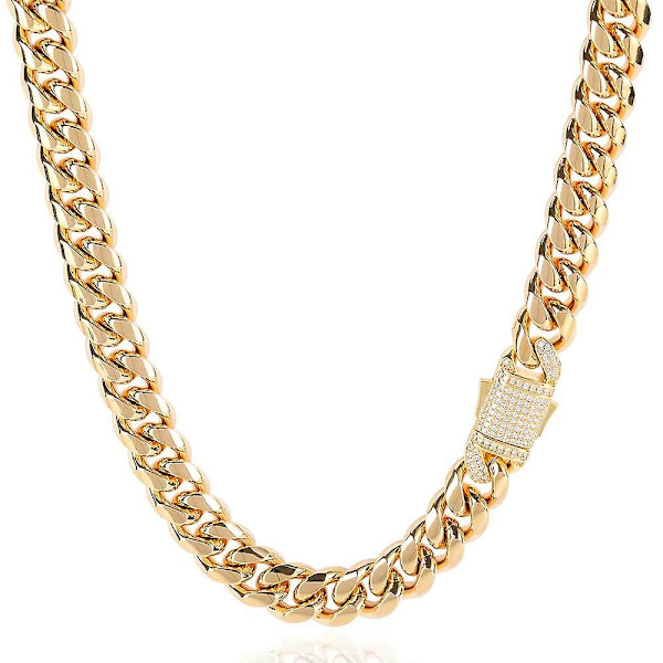 Zircon Fjeder Spænde Hip Hop Titanium Stål Halskæde Rund Mølle Krypteret Rustfrit Stål Cubansk Kæde Herre Halskæde 18 tommer Guld 18inches Gold