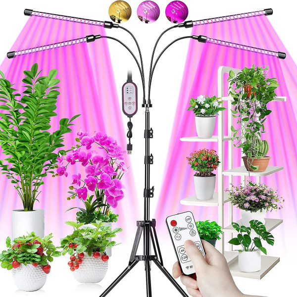 Plantelampe, Vækstlampe Med Stativ, 80 LED'er Plante Hortikulturel Lampe Blomstring 4 Hoveder Fuld Spektrum Vækstlampe, Med 10 Dæmpbare Niveauer 3 Timer Tilstande