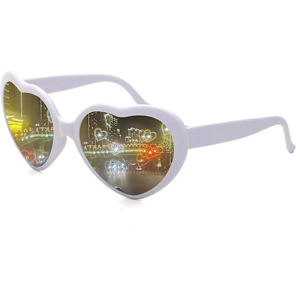Hjärtformade Solglasögon för Kvinnor Män Festival Party Rave Ljusförändrande Hjärteffekt Diffraktionsglasögon UV400 Skydd Vit White