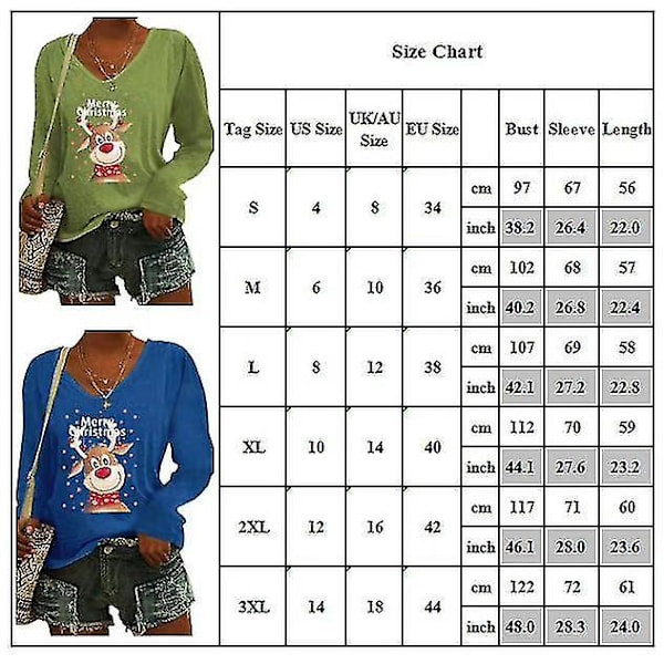 Dam Xmas Elk Print V-ringad T-shirt Jul Fritids Långärmad Tröja TopparSBlå Blue S